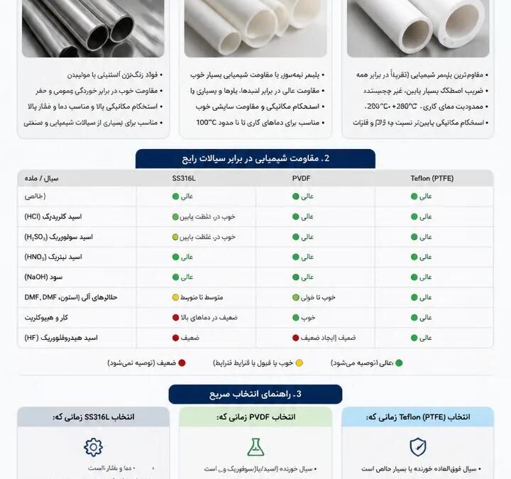 متریال و خوردگی (راهنمای انتخاب لوله و مخزن: SS316L, PVDF, Teflon)